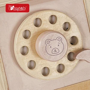 Montessori Interactive Pretend Play Wooden Pink Retro Telephone Toy with Rolling Wheels W10L095